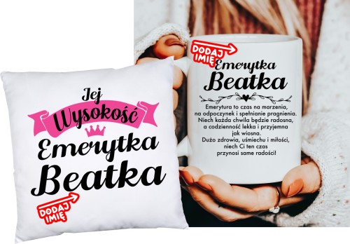 Personalizowany Zestaw na prezent dla emerytki  PODUSZKA JEJ WYSOKOŚĆ EMERYTKA Z IMIENIEM ORAZ KUBEK DLA EMERYTKI.JPG