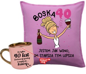 Zestaw na 40 urodziny dla blondynki - poduszka BOSKA 40 z imieniem ORAZ KUBEK