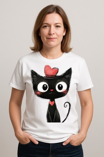Biały damski T-shirt z czarnym kotem - wzór G13