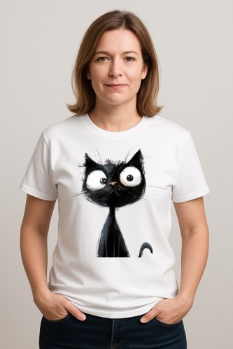 Biały damski T-shirt z czarnym kotem - wzór G14