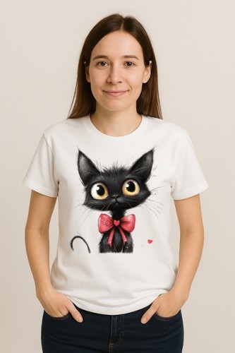Biały damski T-shirt z czarnym kotem - wzór G15