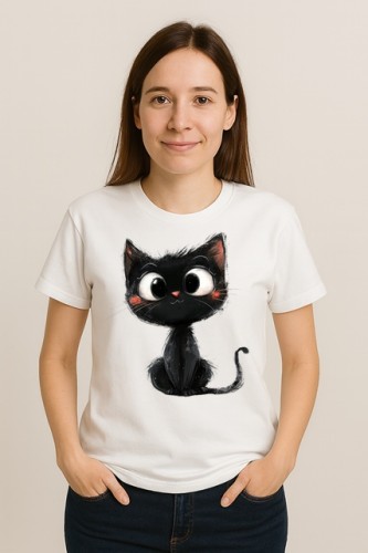 Biały damski t-shirt z czarnym kotem.jpg