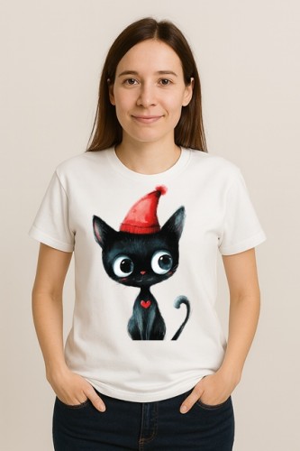 Biały damski T-shirt z czarnym kotem - wzór G17