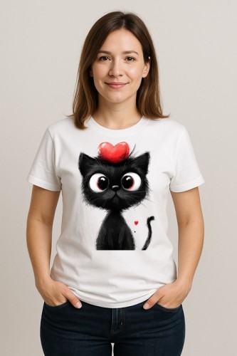 Biały damski T-shirt z czarnym kotem - wzór G19
