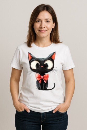 Biały damski T-shirt z czarnym kotem - wzór G21