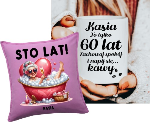 Prezent na 60 urodziny dla kobiety - poduszka STO LAT oraz kubek z imieniem.jpg