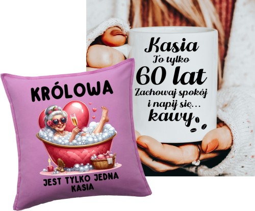 Prezent na 60 urodziny dla kobiety - poduszka KRÓLOWA JEST TYLKO JEDNA  oraz kubek z imieniem.jpg