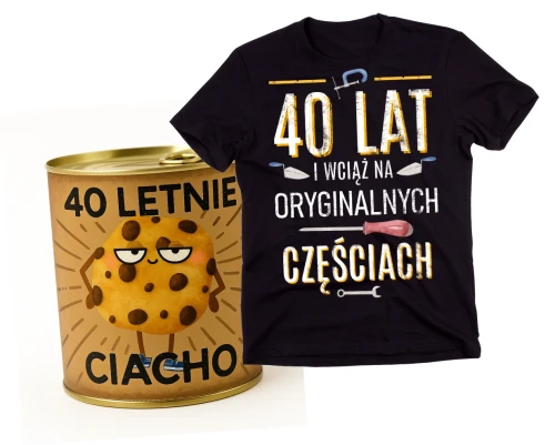 Męska koszulka na 40 urodziny - 40 LAT I WCIĄŻ NA ORYGINALNYCH CZĘŚCIACH   - GOTOWY ZESTAW PREZENTOWY NA 40.webp