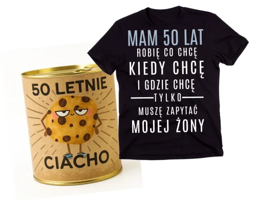 Męska koszulka na 50 urodziny mam 50 LAT ROBIĘ CO CHCĘ - gotowy zestaw prezentowy na 50 zapakowany w puszkę.webp