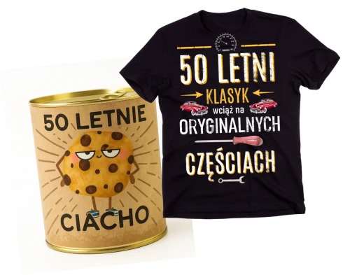 Męska koszulka na 50 urodziny 50 LETNI KLASYK - gotowy zestaw prezentowy na 50 zapakowany w puszkę.webp