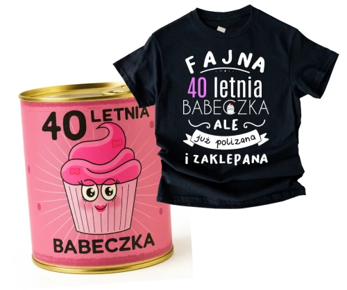 Damska koszulka na 40 urodziny - fajna 40 letnia babeczka ale już polizana i zaklepana  , ZESTAW PREZENTOWY ZAPAKOWANY W PUSZCE.webp