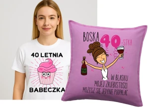 Zestaw na 40 urodziny - koszulka na 40 letnia babeczka plus poduszka na 40 urodziny dla brunetki 