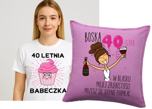 Zestaw na 40 urodziny - koszulka na 40 letnia babeczka plus poduszka na 40 urodziny dla brunetki