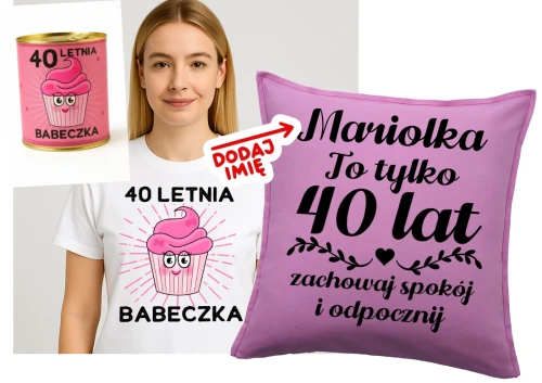 Prezent na 40 urodziny dla koleżanki - koszulka na 40 oraz poduszka z imieniem na 40 urodziny.webp