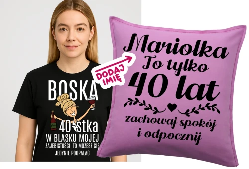 Czarna damska koszulka na 40 dla blondynki oraz personalizowana poduszka z imieniem na urodziny.webp