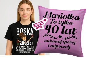 Czarna damska koszulka na 40 dla brunetki oraz personalizowana poduszka z imieniem na urodziny