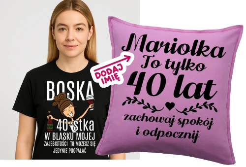Czarna damska koszulka na 40 dla brunetki oraz personalizowana poduszka z imieniem na urodziny.webp