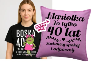 Czarna damska koszulka na 40 BOSKA 40 oraz personalizowana poduszka z imieniem na urodziny
