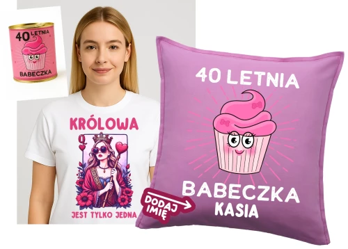 Prezent na 40 urodziny dla koleżanki - koszulka KRÓLOWA JEST TYLKO JEDNA zapakowana w puszkę oraz poduszka z imieniem na 40 urodziny
