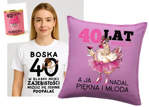 Prezent na 40 urodziny dla koleżanki - koszulka BOSKA 40 Z Brunetką zapakowana w puszkę oraz poduszka na 40 urodziny