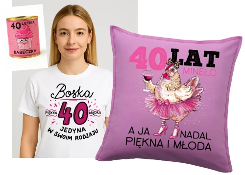 Prezent na 40 urodziny dla koleżanki - koszulka BOSKA 40 Zapakowana w puszkę oraz poduszka na 40 urodziny