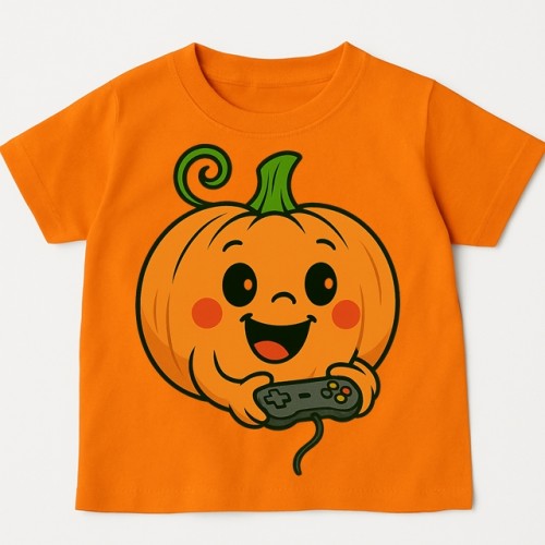 Pomarańczowa koszulka NA DZIEŃ DYNI z dynią grająco na konsoli.jpg