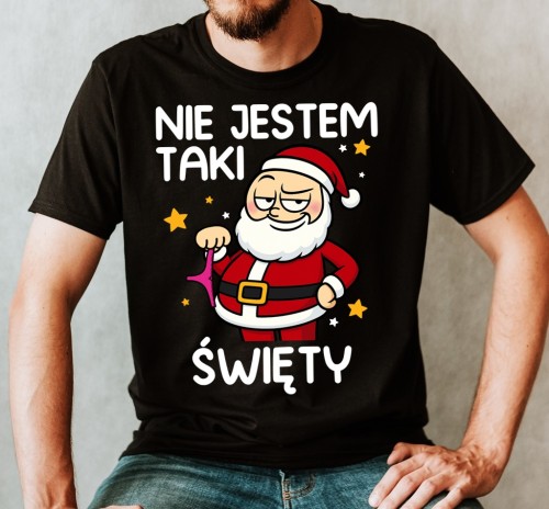 śmieszna męska koszulka na prezent na święta z Mikołajem - NIE JESTEM TAKI ŚWIĘTY