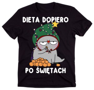 Śmieszna męska koszulka na prezent - DIETA DOPIERO PO ŚWIĘTACH Z KOTEM 