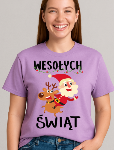 fajna Damska świąteczna z Mikołajem na reniferze - WESOŁYCH ŚWIĄT