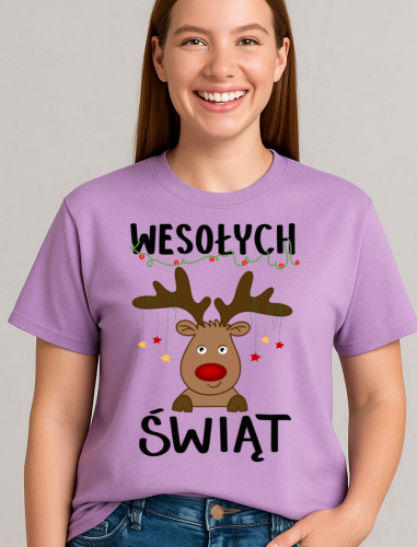 fajna Damska świąteczna koszulka z reniferem - WESOŁYCH ŚWIĄT -wzór mug29