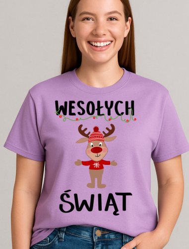 fajna Damska świąteczna koszulka z reniferem - WESOŁYCH ŚWIĄT -wzór mug5