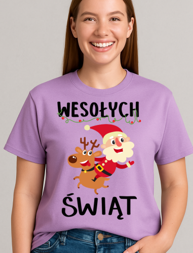 fajna Damska świąteczna koszulka z reniferem i Mikołajem - WESOŁYCH ŚWIĄT -wzór mug7