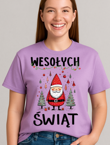 fajna Damska świąteczna koszulka z reniferem i Mikołajem - WESOŁYCH ŚWIĄT -wzór mug20