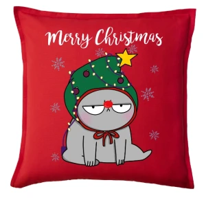 Świąteczna poduszka MERRY CHRISTMAS Z KOTEM W CZAPCE