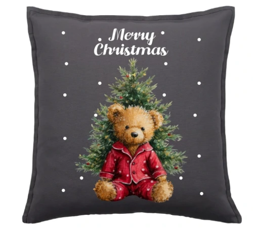ŚWIĄTECZNA PODUSZKA  MERRY CHRISMAS Z MISIEM SZARA CHRIS11.webp