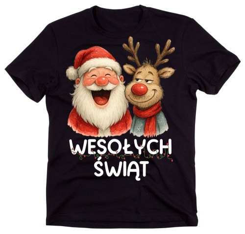 Czarna męska koszulka z mikołajem i reniferem na święta.jpg