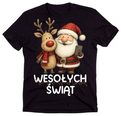 Czarna męska koszulka z mikołajem i reniferem na święta.jpg