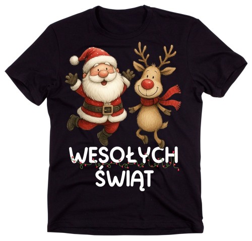 Czarna męska koszulka z mikołajem i reniferem na święta.jpg