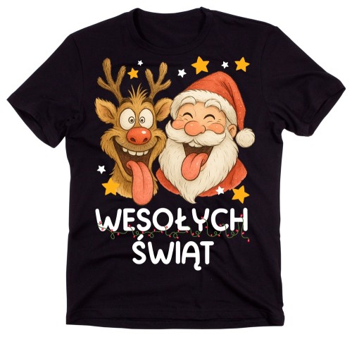 Czarna męska koszulka z mikołajem i reniferem na święta.jpg