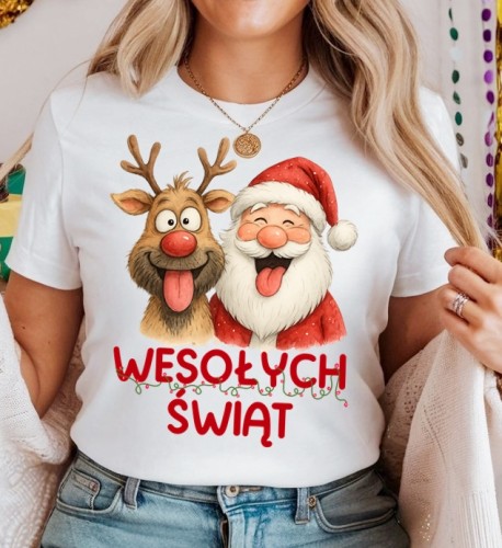 Damska świąteczna koszulka z Mikołajem i reniferem i napisem WESOŁYCH ŚWIĄT.jpg