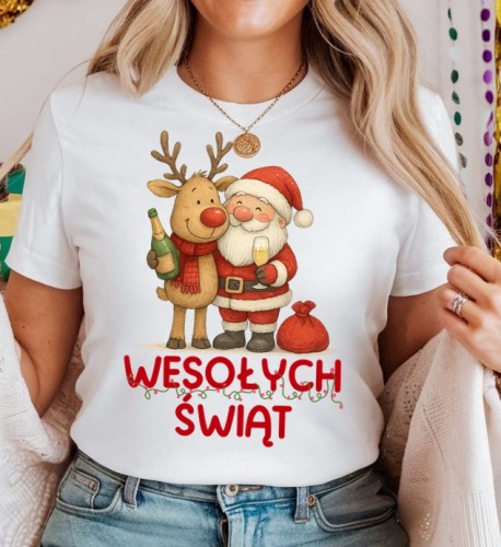 Damska świąteczna koszulka z Mikołajem i reniferem i napisem WESOŁYCH ŚWIĄT.jpg