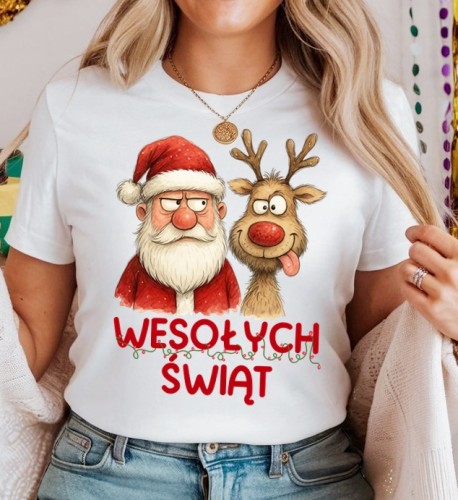 Damska świąteczna koszulka z Mikołajem i reniferem i napisem WESOŁYCH ŚWIĄT.jpg