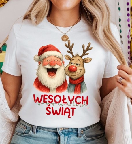 Damska świąteczna koszulka z Mikołajem i reniferem i napisem WESOŁYCH ŚWIĄT.jpg