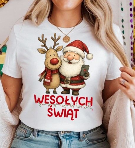 Damska świąteczna koszulka z Mikołajem i reniferem i napisem WESOŁYCH ŚWIĄT.jpg