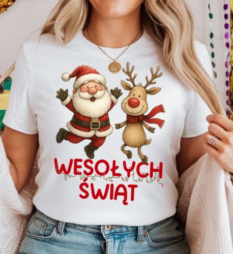 Damska świąteczna koszulka z Mikołajem i reniferem i napisem WESOŁYCH ŚWIĄT.jpg