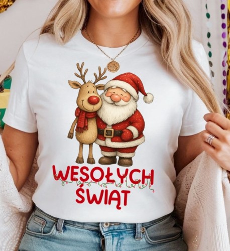Damska świąteczna koszulka z Mikołajem i reniferem i napisem WESOŁYCH ŚWIĄT.jpg