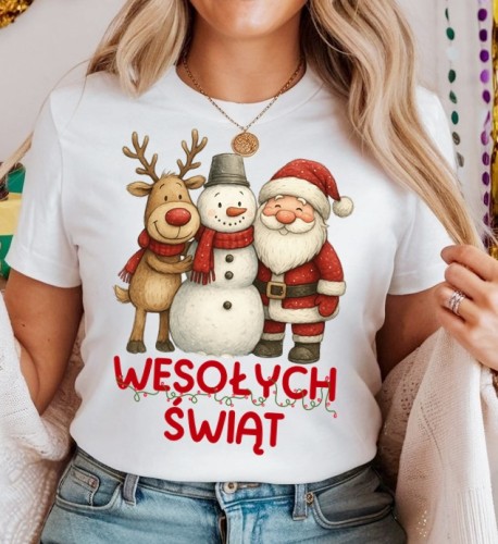 Damska świąteczna koszulka z Mikołajem i reniferem i napisem WESOŁYCH ŚWIĄT.jpg