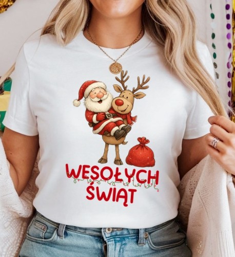 Damska świąteczna koszulka z Mikołajem i reniferem i napisem WESOŁYCH ŚWIĄT.jpg