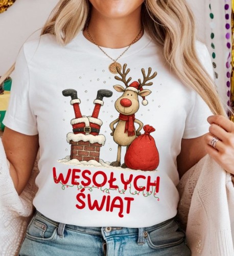Damska świąteczna koszulka z Mikołajem i reniferem i napisem WESOŁYCH ŚWIĄT.jpg