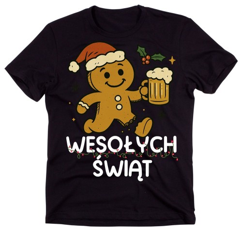 Czarna męska koszulka z Piernikiem - wesołcyh świąt.jpg